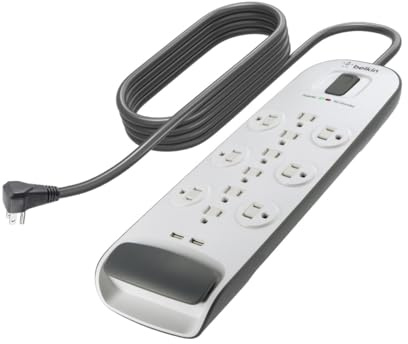 Belkin USB Power Strip Surge Protector - 12 AC Multiple Outlets & 2 USB Ports - 6 ft Long Flat Plug Extension Cord for Home, Office, Travel, Computer Desktop & Charging Brick - White (3,996 Joules)