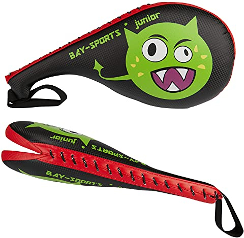 BAY®  GREEN ALIEN MOTIVATION  Speziell für KINDER LEDER PU Mitt Doppel Double Hand Schlag Pratze Doppelpratze Doppelmitt Schlagmitt Schlagpolster Schlagkissen Taekwondo Kickboxen Tae Kwon Do Handpratze Pratze Doppelpolster Handmitt Doppelschlagpolster Kids gelb