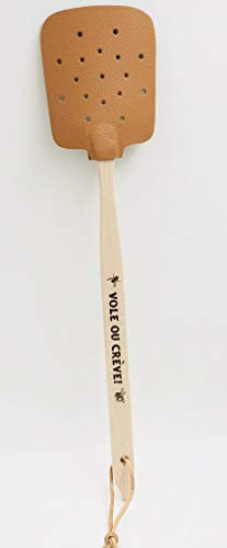 Tapette rigolote à Mouches Élégantes en Bois et Simili Cuir - Fabrication Européenne- résistant et Lavable - 50cm - avec Inscription Humoristique « Vol ou crève »