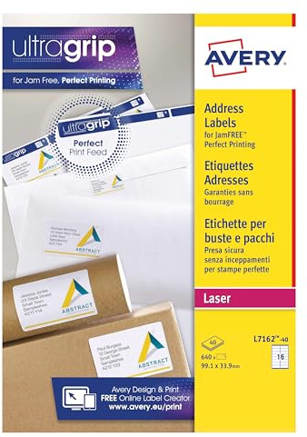 Avery JamFREE, Printable, Address Labels, Customisable, 63.5 x 38. 1 mm, White, 16 Labels per Sheet, 640 Blank Labels per Pack (L7162-40)