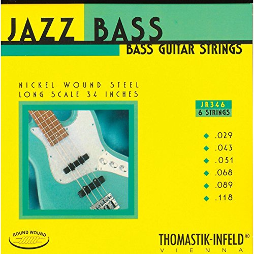 Thomastik-Infeld JR346 Bass Guitar Strings: Jazz Round Wound 6-String Long Scale Set; Pure Nickel Rounds C, G, D, A, E, B Set