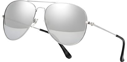 Komonee Pilot Style Designer Sunglasses - Silver Frame Mirrored Reflective Lens Classic Retro Shades, Unisex Men & Women UV400 Protection Glasses, Great for Cycling Golf Fishing Sports & Holidays