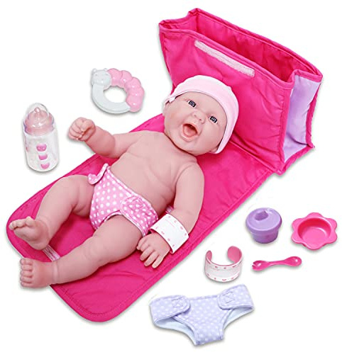 10 Piece Deluxe Diaper Bag Gift Set | Feat. 13 Realistic Smiling Baby Newborn Doll | La Newborn - JC Toys | All Vinyl | Washable | Ages 2+, Pink