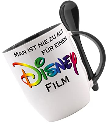 Crealuxe Löffeltasse 'Man ist nie zu alt für einen Disney Film' bedruckt, Kaffeetasse mit Motiv, Bürotasse