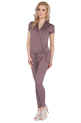 FUTURO FASHION® - Damen Jumpsuit mit Taschen - V-Ausschnitt - Wickel-Optik - Größe 36-46 - 1080 - Cappuccino - 46 (XXXL)