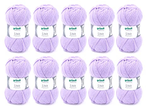 Gründl Wolle Lisa Premium uni - 10 x 50 g - Wolle zum Häkeln - Wolle zum Stricken - 100 % Polyacryl- Weich & Pflegeleicht- Nadelstärke 3,5-4,5 - Flieder