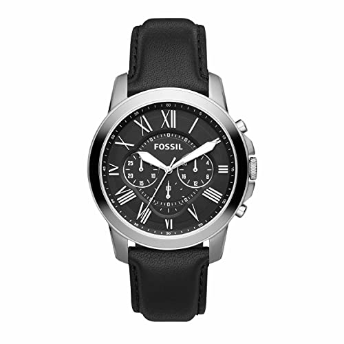 Fossil Grant uhr für Herren, Quarz-Chronographenwerk, mit Edelstahl- oder Lederarmband, Schwarz und Grau, 44MM