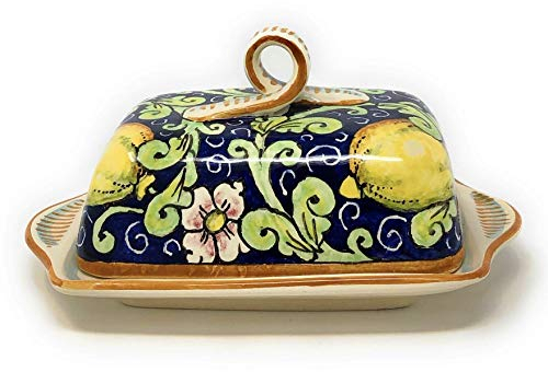 CERAMICHE D'ARTE PARRINI- Italienische Kunstkeramik, Butterdose Dekoration Zitronen, handgemalt, hergestellt in Italien Toscana