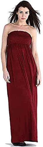New Womens Plain Long Strapless Elasticated Shearing Ladies Bandeau Shirred Boob Tube Summer Maxi Dress Burgundy Size 16-18 (L/XL)