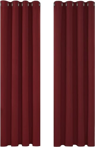 Deconovo Super Soft Ring Top Curtains Thermal Insulated Blackout Eyelet Curtains for Girls Room 55x96 Inch Two Panels Red