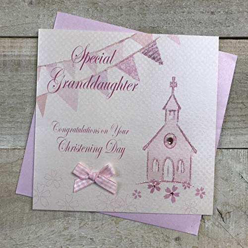 vita bomullskort speciella barnbarn gratulationer på din kristna dag handgjort kort, rosa, PD63