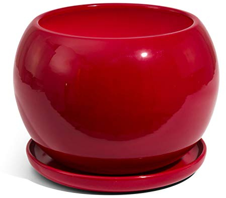 Pot de Fleur ceramique Globe avec Soucoupe Support Hauteur 16 cm diametre 18 cm Rouge