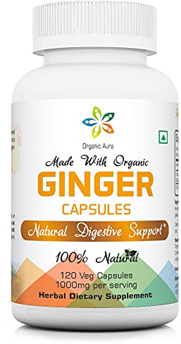 Organic Aura Ginger Capsules - 120 Veg Capsules. 2 Month Supply. Naturally Boosts Digestion, Relief Stomach Upset and Improves Immunity. No GMO and Gluten Free.