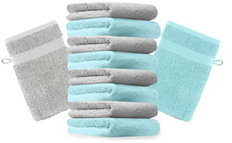 Betz 10 Stück Waschhandschuhe Premium 100% Baumwolle Waschlappen Set 16x21 cm Farbe Silbergrau und türkis