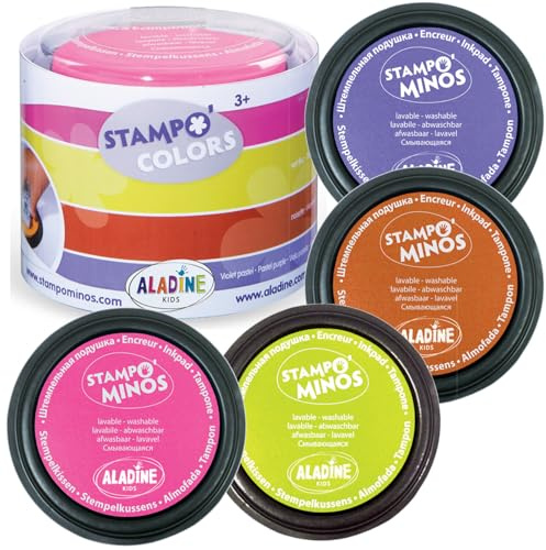 Aladine - 4 Encreurs Stampo Colors Festival - Encre pour Tampons Enfants - Taille XXL & Encre Lavable - Encreurs Géants Grand Format - Activité Manuelle, Loisirs Créatifs - Dès 3 ans