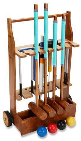 Uber Games Garden Croquet Set with Wooden Trolley - Contains 4 mallets in 2 sizes (2 x 34 and 2 x 38), 4 x 12oz moulded plastic croquet balls, 6 steel hoops, 1 hoop mallet and 4 corner flags