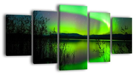 Leinwandbild Grünes Polarlicht LW330 Wandbild, Bild auf Leinwand, 5 Teile, 210 x 100 cm, Kunstdruck Canvas, XXL Bilder, Keilrahmenbild, fertig aufgespannt, Bild, Holzrahmen, Arktis, Nacht, Polarlicht