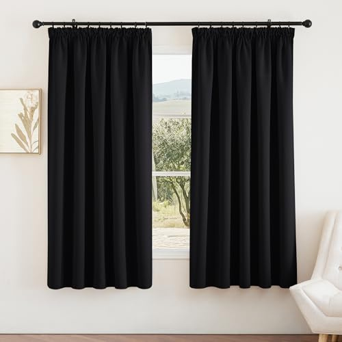 PONY DANCE Blackout Pencil Pleat Curtains, Black, W66 x L72 Inch, 2 Panels | Thermal Insulated Curtains with Noise Reducing & Privacy, Luxury Soft Window Treatment for Bedroom & Living Room