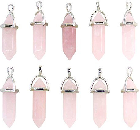 Crystal Pendants for Jewellry Making, 10PCS Rose Quartz Pendant Set Necklace Hexagonal Pointed Bullet Healing Crystal Charms for Crafting
