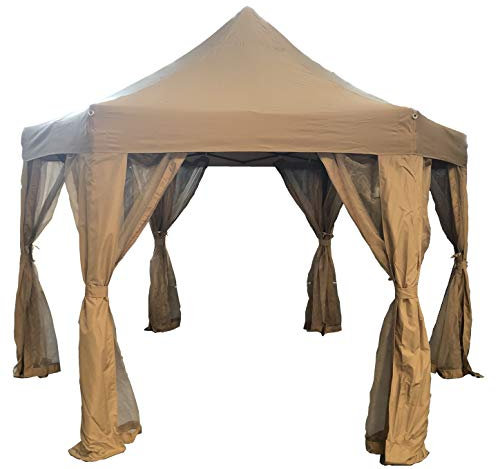 KEXMY Garden Classics® HORWOOD GARDEN METAL FRAME POP UP FOLDING HEXAGONAL GAZEBO BEIGE FABRIC 3.6M X 3M WITH NET CURTAINS