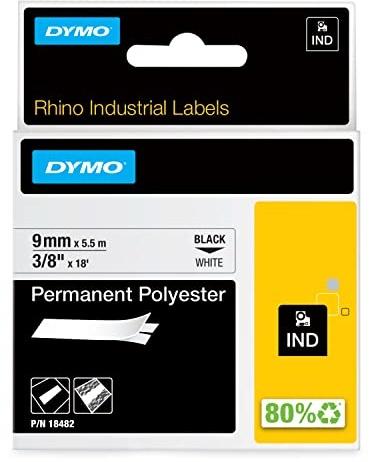 DYMO Rhino Industrie Permanente Polyesteretiketten | 9 mm x 5,5 m | Schwarz auf Weiß | selbstklebendes Schriftband | für DYMO Rhino und LabelManager Beschriftungsgerät