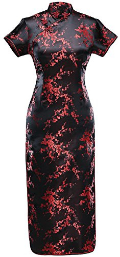 7Fairy Women's VTG Black&Red Floral Long Chinese Prom Dress Cheongsam Size 12 US
