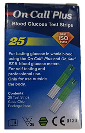 Blutzuckerstreifen, die die Glucosekonzentration im Vollblut messen und mit den On Call Plus II und On Call Plus Blutzuckermessgeräten funktionieren - Packung von 25 Streifen.