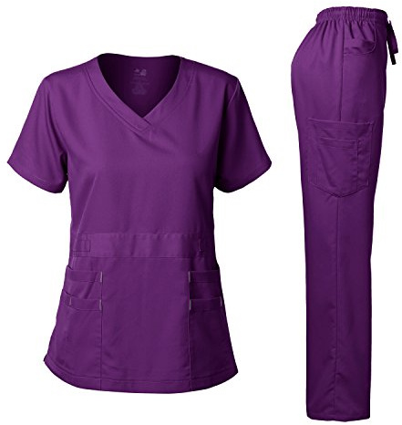 Dagacci Medical Uniform® Scrubs for Women Set – Natural Stretch Ultra Soft V-Neck Top and Pants Sets for Women - 9 Pocket Egg Plant M