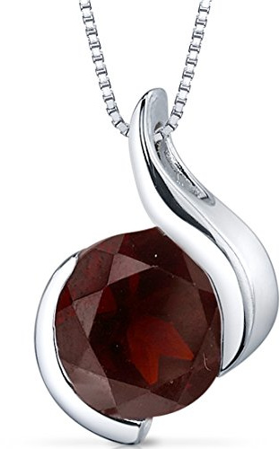 PEORA Garnet Open Bezel Wave Pendant Necklace for Women 925 Sterling Silver, Natural Gemstone, 2.50 Carats Round 8mm, with 18 inch Chain, Valentine's Gift for Her, Wife, Sister
