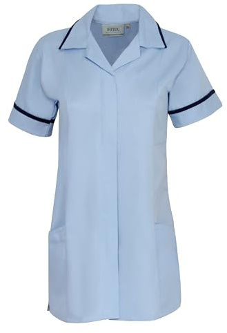 WOMENS NURSES HEALTHCARE TUNIC, DENTAL VET SALON, SKY BLUE WITH NAVY TRIM, POINTED COLLAR INS32SK-N (UK 12/ EU 40 (TO FIT BUST 37/94cm))
