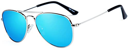 Rocf Rossini Kids Sunglasses Pilot UV Protection Cat. 3 Sun Glasses for Baby Boys and Girls Metal Toddler Shades with Case (Silver, Blue)