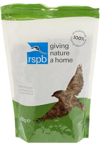 RSPB Dried Mealworms 200g Wild bird Food, supporting RSPB Charity, meal worm, Re-sealable & recyclable pouches, for use in Garden & outdoors. Perfect for Feeders, ground feeders & bird tables