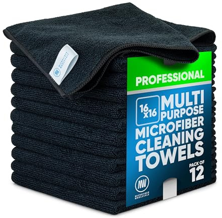 Microfiber Wholesale MW Pro 16x16 Auto Detailing Towels - Plush Car Drying Cloths for Wax Removal, Interiors & Body Shops - Scratch Free (Black, 12-Pack)