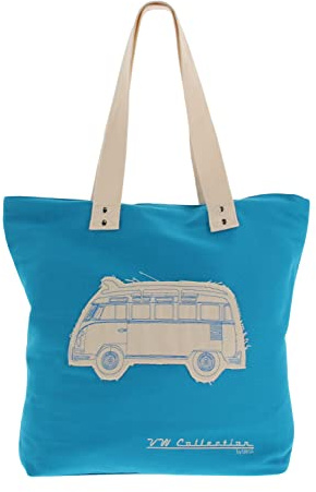BRISA VW Collection – Volkswagen återanvändbar kanvas-shoppingpåse strandväska med T1 Bulli buss-motiv (silhuett/blå)