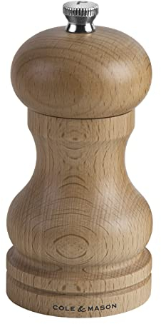 Cole & Mason HA0424P Beech Capstan Molinillo de Pimienta, Madera Clara, Precision+/Molienda Ajustable, Madera de Haya Natural, 120mm, Incluye 1 x Molino