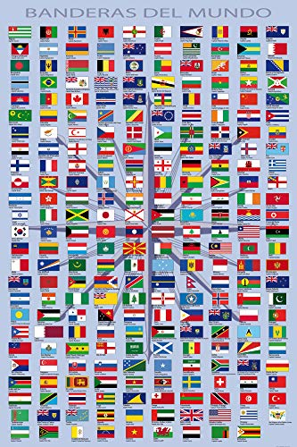 1art1 Flaggen Der Welt Poster Ländernamen Und Hauptstädte, In Spanisch Kunstdruck Bild 180x120 cm