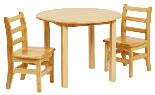 ECR4Kids 30in D Round Hardwood Table and Chair Set, 12in Seat Height, Kids Furniture, Honey, 3-Piece