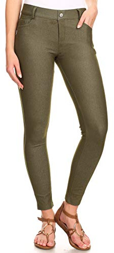 YELETE Womens Basic Five Pocket Stretch Jegging Tights Pants, Army Green, Large