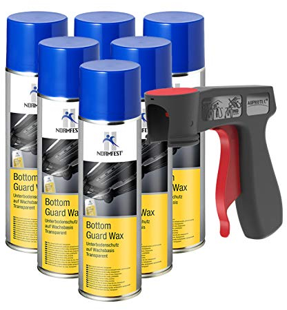 AUPROTEC Pistolengriff + Normfest Unterbodenschutz Wachs Steinschlagschutz Bottom Guard Wax Spray 6X 500ml