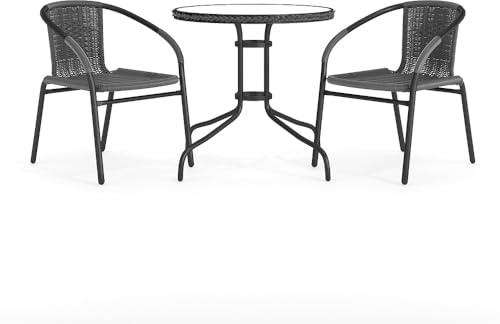 Flash Furniture 3-Piece Patio Dining Set with Round Glass Metal Table and 2 Stackable Rattan Chairs, Indoor/Outdoor Bistro Table and Chairs Set, Gray