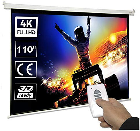 Pantalla de proyeccion motorizada de 110, Tela Blanca de 2,43 x 1,38 Metros, cajetin de Acero 274 centímestros, Pantalla para proyector electrica con Mando inalambrico, Auto Enrollable, Formato 16:9