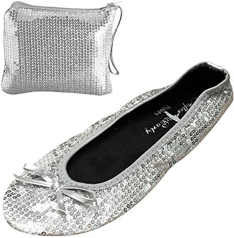 After Party Pumps® Silver Sequin Size UK 7-8 Ladies Roll Up Shoes Sparkly Glitter