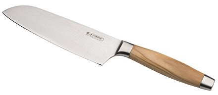 Le Creuset Santoku Messer, 18 cm Damaststahlklinge mit VG10 Kern und glattem Schliff, Olivenholzgriff, Braun/Silber, 98000218000200