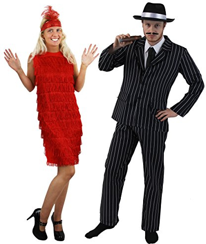COUPLES 1920's GANGSTER & FLAPPER GIRL FANCY DRESS COSTUME - PINSTRIPE GANGSTER SUIT + BLACK TRILBY HAT | LADIES RED FRINGE FLAPPER DRESS WITH FEATHER HEADBAND BY ILOVEFANCYDRESS® (MENS: L + LADIES: XXL)