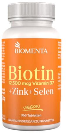 BIOMENTA Biotin + Zink + Selen - 365 BiotinTabletten hochdosiert mit 12.500 mcg Vitamin B7 / Stck. - vegan - Premiumqualität