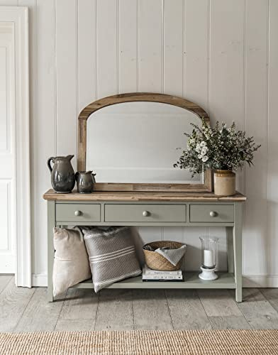 Florence Console Table. Stunning Sage Green console table with 3 drawers, shelf and brushed acacia top