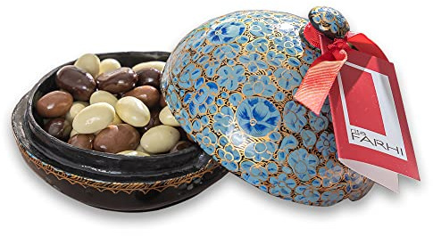 Rita Farhi Milk, White and Dark Chocolate Covered Almonds in a Hand Made Papier Machè Bonbonnière - Luxury Chocolate Gift Box - 130 g - Blue - New Palm Oil Free Recipe