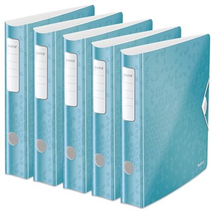 Leitz Qualitäts-Ordner 180° Active WOW, 5er Pack, A4, Schmal, Abgerundeter Rücken, 6,5 cm breit, Gummibandverschluss, Leichtes Polyfoam, Plastik-Ordner, WOW Serie, Eisblau, 11070051