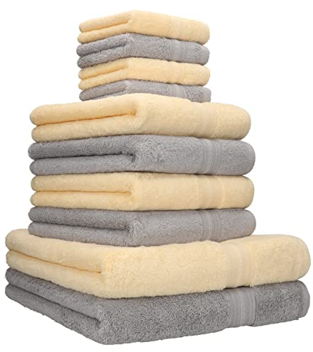 10 TLG. Handtuch Set Gold Farbe beige & Silber grau, Qualität 600 g/m², 2 Duschtücher 70 x 140 cm, 4 Handtücher 50 x 100 cm und 4 Seiftücher 30 x 30 cm