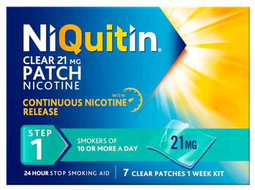 NiQuitin, Step 1, Stop Smoking Aid Therapy, 24 h Craving Control, Invisible Nicotine Patches, 21 mg Nicotine Patch, 7 Clear Patches for 1 Weeks Treatment